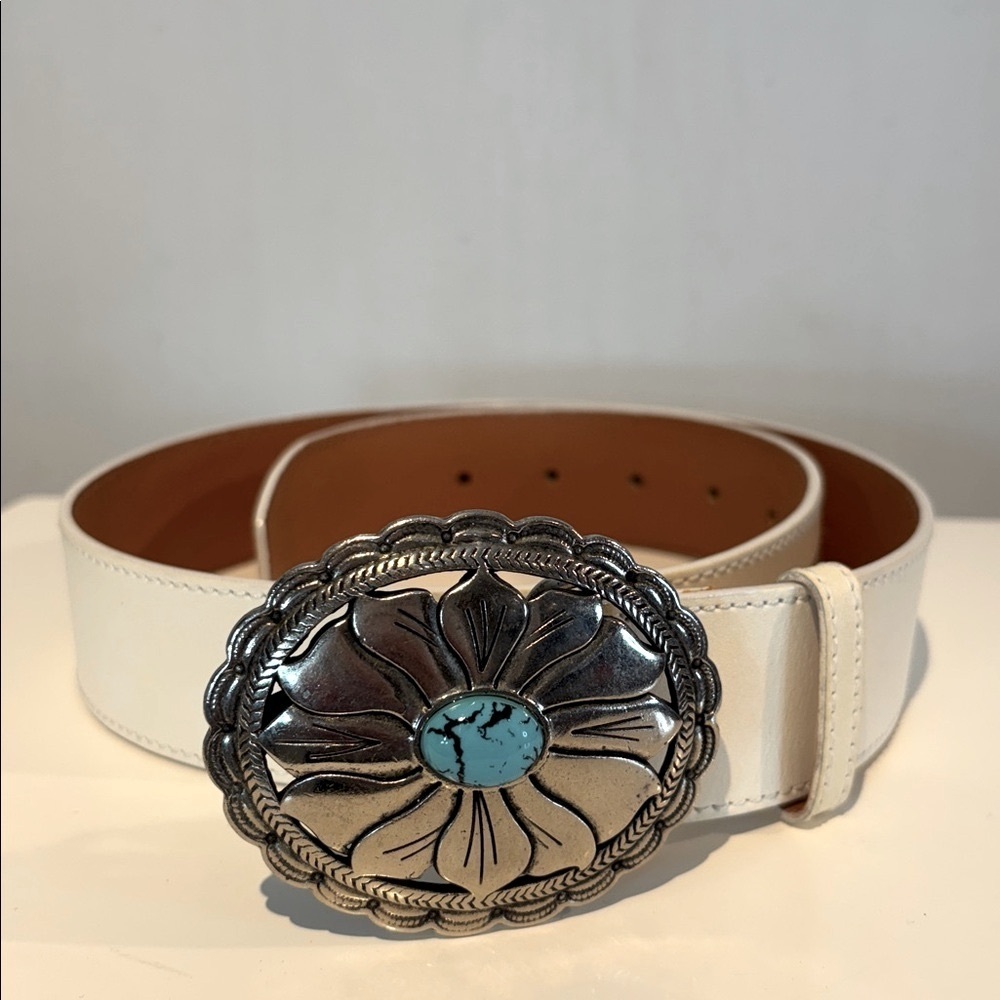 Olsen white leather Leather Belt with Silver/turquoise Buckle size small